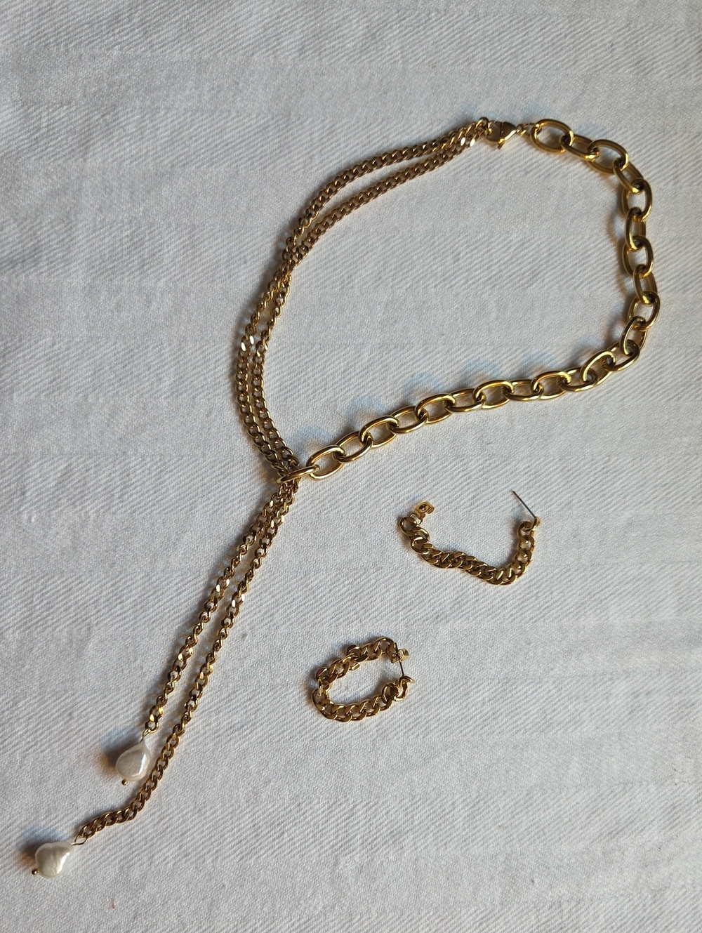 Gold Chain Lariat Necklace and Matching Earrings Set